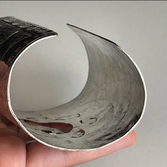 Vintage Sterling Silver Ethnic Lama Alpaca Etched Wide Bangle Boho Cuff